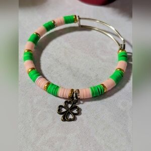 Handmade green and white four leaf clover charm bracelet